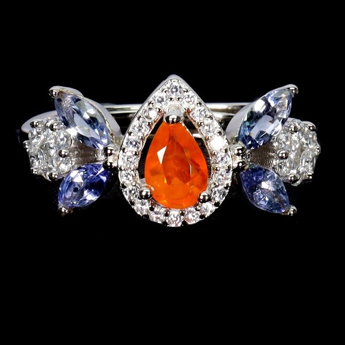 925 Srebro pierścionek delikatny pomarańczowy opal tanzanity cyrkonie r 15