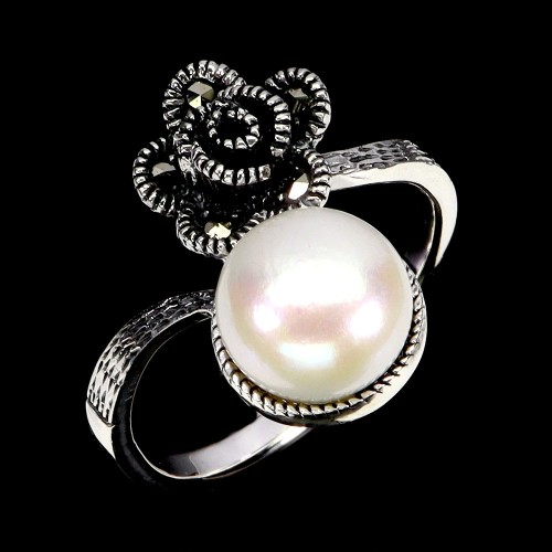 925 Pierścionek srebrny delikatny naturalne markazyty perła r 17 kwiat