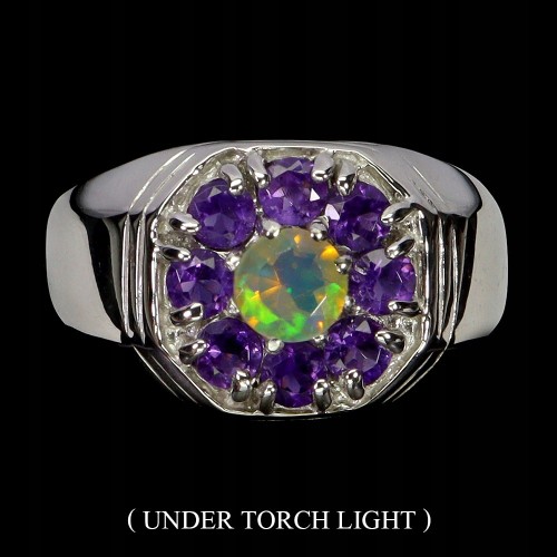 925 Srebrny elegancki pierścionek naturalny ognisty opal ametysty r 21