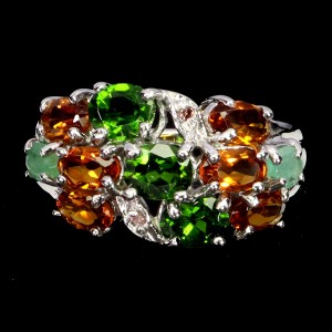 Pierścionek 925 srebrny elegancki naturalne szmaragdy diopsydy cytryny r 14