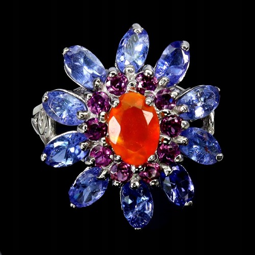 925 Pierścionek zjawiskowy natural pomarańczowy opal tanzanit granat r 13.5