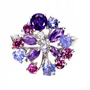 925 Pierścionek srebrny naturalne rodolity granaty tanzanity ametysty r 19