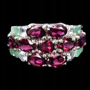 Pierścionek elegancki srebrny naturalne granaty akwamaryny szmaragdy r 16