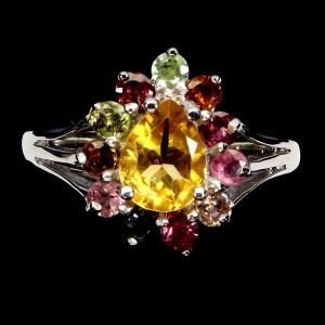 925 Pierścionek srebrny elegancki naturalne turmaliny cytryn r 19
