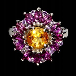 925 Pierścionek srebrny elegancki naturalne granaty rodolity cytryn r 17.5