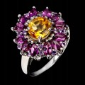 925 Pierścionek srebrny elegancki naturalne granaty rodolity cytryn r 17.5