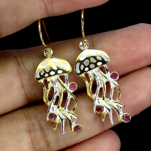 Delikatne srebrne kolczyki naturalne rubiny Myanmar masa perłowa meduzy 5