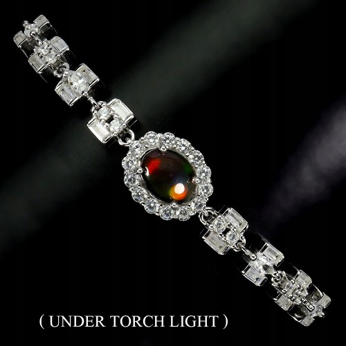 925 Delikatna elegancka bransoletka srebrna naturalny czarny opal cyrkonie