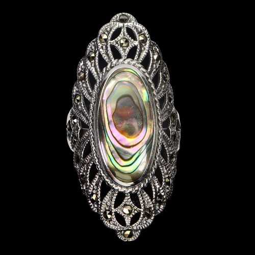 925 Pierścionek zjawiskowy srebrny naturalne markazyty masa perłowa r 15