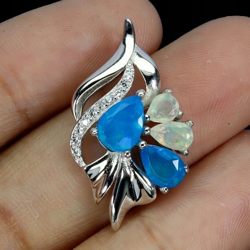 925 Wisiorek delikatny naturalne ogniste i niebieskie opale cyrkonie 925