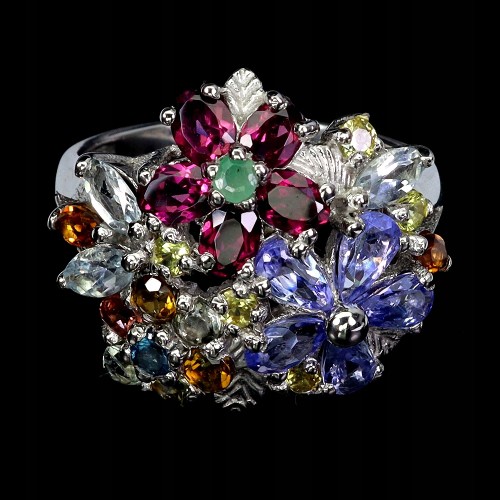 Pierścionek srebrny r 16 natural turmaliny tanzanity szmaragd granaty kwiat