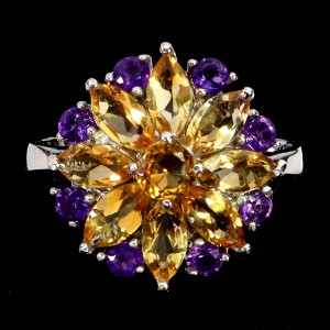 925 Piękny srebrny elegancki pierścionek naturalne ametysty cytryny r 16.5