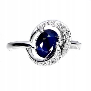 Srebrny elegancki pierścionek naturalny szafir niebieski cyrkonie r 19