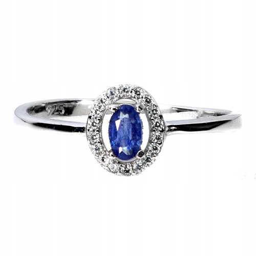 Srebrny delikatny pierścionek naturalny szafir niebieski cyrkonie r 19.5