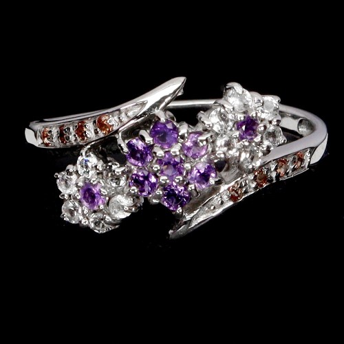 Pierścionek delikatny r 14 natural ametysty granaty białe topazy kwiat 925