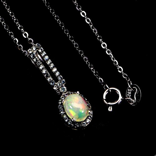 925 Zjawiskowy srebrny naszyjnik naturalny ognisty opal szafiry niebieskie