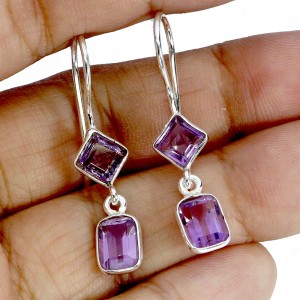 Kolczyki srebrne wiszące eleganckie delikatne naturalne ametysty 925 5