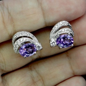5 Kolczyki srebrne eleganckie delikatne naturalne ametysty cyrkonie 925
