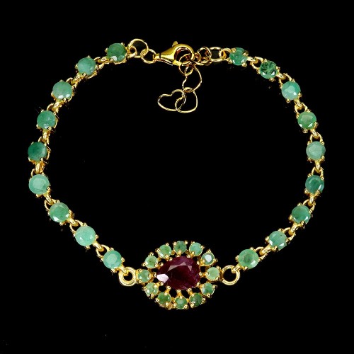 925 Bransoletka elegancka srebrna naturalne szmaragdy beryle rubin