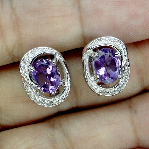Kolczyki srebrne eleganckie delikatne naturalne ametysty cyrkonie 925 5