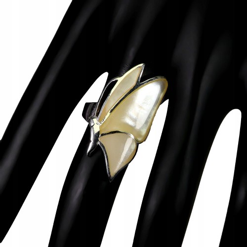 925 Srebrny pierścionek zjawiskowy naturalna masa perłowa motyl r 14