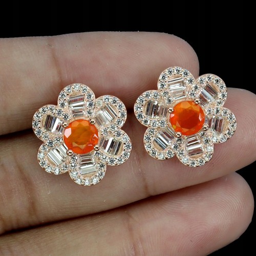 Srebrne eleganckie kolczyki cyrkonie opale pomarańczowe naturalne kwiat 5