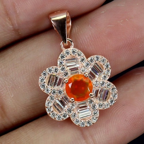 Delikatny elegancki wisiorek srebrny naturalny opal pomarańczowy kwiat 925