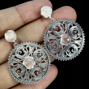 925 Srebrne wiszące eleganckie kolczyki naturalny różowy kwarc 5