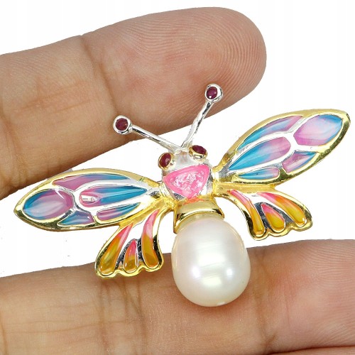Zjawiskowa broszka emaliowana naturalna perła rubiny Myanmar motyl 925