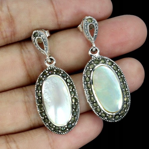 925 Kolczyki srebrne eleganckie naturalne markazyty masa perłowa 5