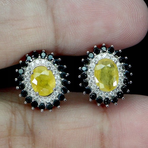 Kolczyki srebrne eleganckie natural czarne spinele żółte szafiry cyrkonie 4