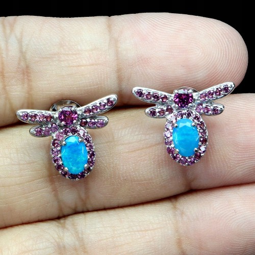 925 Pszczoła kolczyki delikatne naturalne granaty niebieskie opale 4