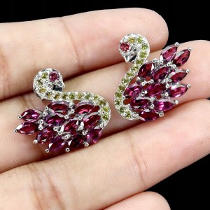 4 Kolczyki naturalne szafiry Songea granaty rodolity srebrne łabędzie 925