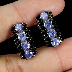 925 Kolczyki srebrne eleganckie naturalne tanzanity czarne spinele 4