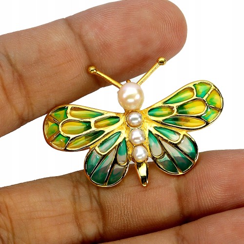 925 Zjawiskowy srebrny wisiorek broszka emaliowana naturalne perły motyl