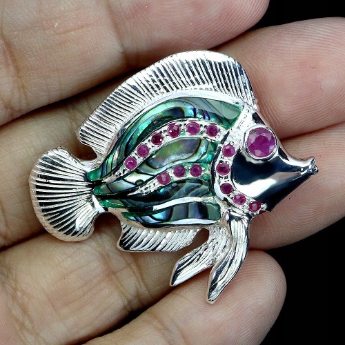 925 Zjawiskowy wisiorek broszka naturalna masa perłowa rubiny Myanmar ryba