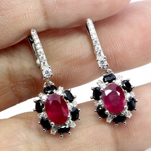 925 Kolczyki srebrne eleganckie naturalne czarne spinele rubiny cyrkonie 5