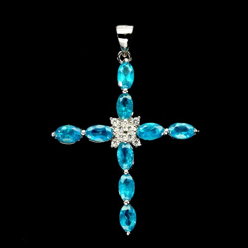 925 Wisiorek krzyż srebrny naturalne niebieskie opale ogniste cyrkonie