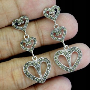 925 Kolczyki srebrne wiszące zjawiskowe naturalne markazyty serca 5
