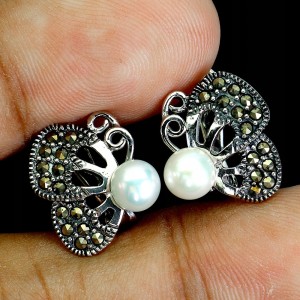 Srebrne 925 zjawiskowe kolczyki naturalne perły markazyty motyl 5