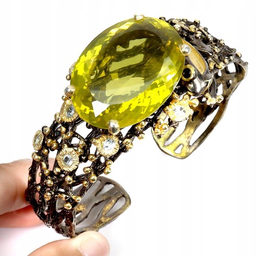 925 Srebrna zjawiskowa bransoletka naturalny ogromny lemon kwarc akwamaryny