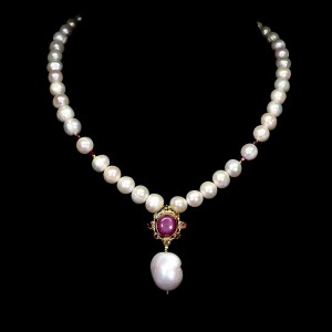Elegancki zjawiskowy srebrny naszyjnik naturalne perły rubiny turmaliny