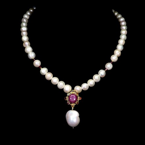 Elegancki zjawiskowy srebrny naszyjnik naturalne perły rubiny turmaliny