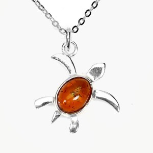 Piękny 925 elegancki srebrny naszyjnik delikatny naturalny bursztyn żółw