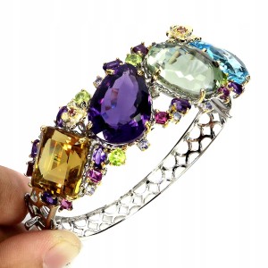 925 Zjawiskowa bransoletka naturalny ametyst cytryn prasiolit topaz 79ct