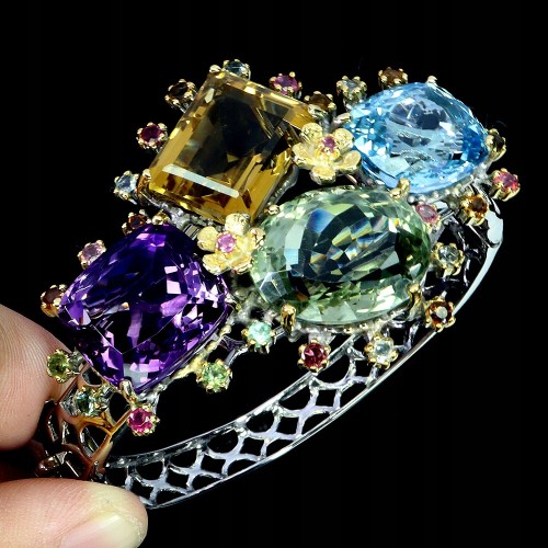 925 Zjawiskowa bransoletka naturalny ametyst cytryn prasiolit topaz 82ct