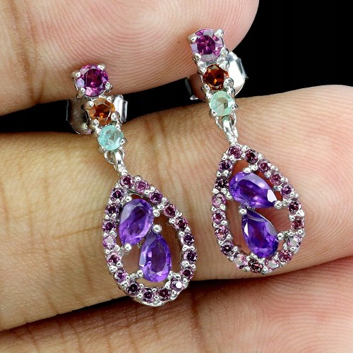 Kolczyki srebrne eleganckie naturalne ametysty granaty cytryny szmaragdy 1
