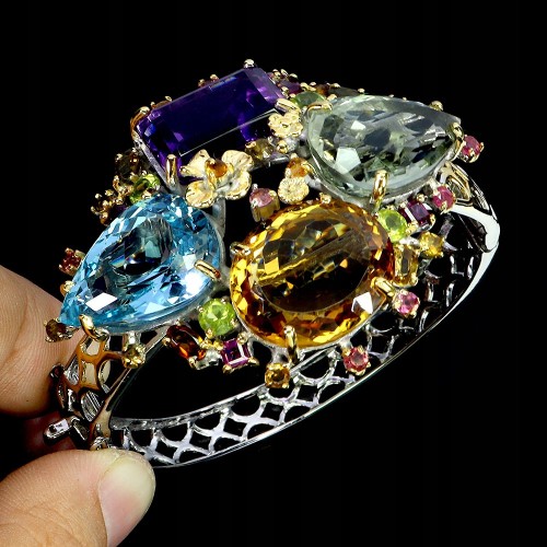 925 Zjawiskowa bransoletka naturalny ametyst cytryn prasiolit topaz 78ct