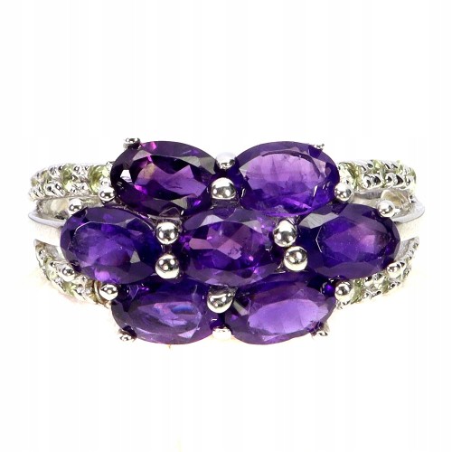 Piękny elegancki pierścionek 925 srebrny naturalne ametysty oliwiny r 17.5