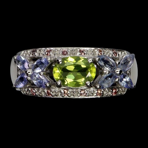 Srebrny pierścionek r 19 naturalny oliwin tanzanity szafiry Songea 925